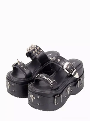 gothic lolita black platform sandals with silver rivets and buckle straps front three quarter view metallic pu leather