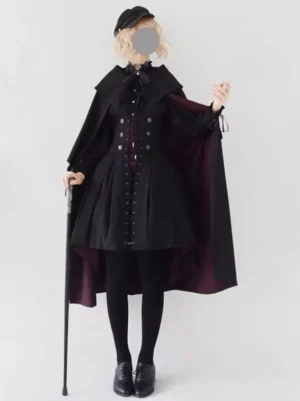 Black polyester gothic lolita poncho cape coat front lace-up corset dress burgundy interior lining full view