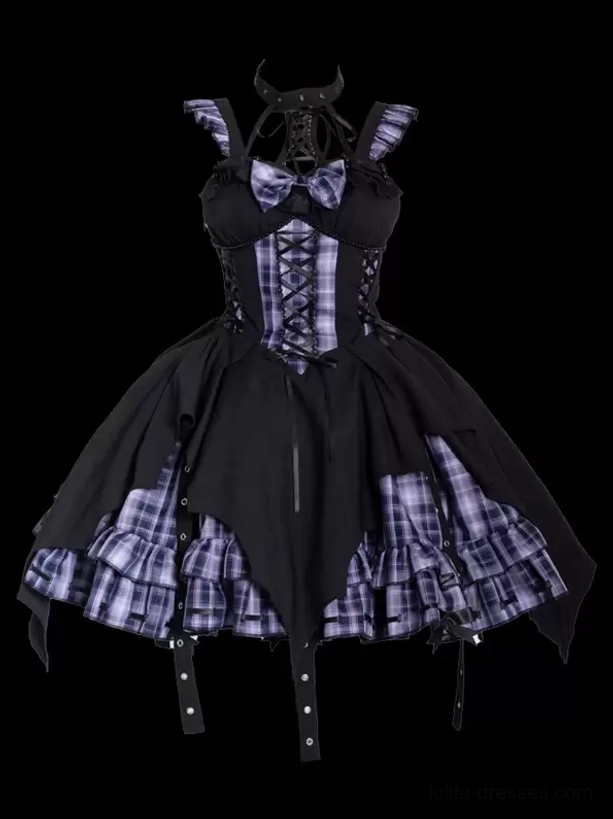Black purple plaid Gothic Lolita jumper dress flat lay, lace-up corset and grommet side strap embellishments visible