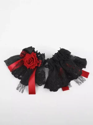 Gothic lolita black and red lace oversleeves flat lay with flocked velvet rose embellishment front view