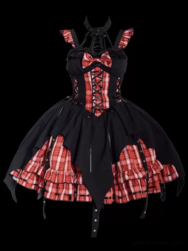 Black red plaid Gothic Lolita dress flat product photography showing lace-up chest and bat-shaped asymmetric skirt hem