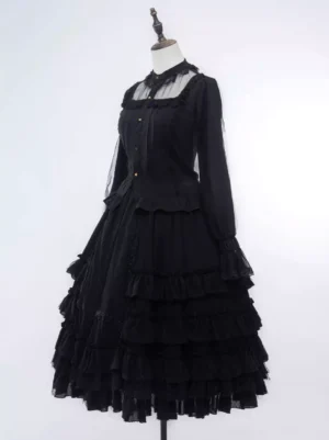 Gothic Lolita black ruffled dress side view fitted waist sheer ruffled cuffs layered skirt long sleeve