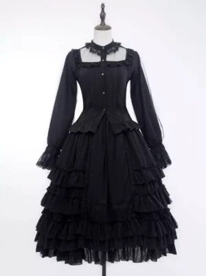 Gothic Lolita black ruffled lace dress long sleeve blouse tiered skirt full body front view mannequin