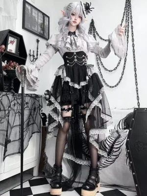 Gothic Lolita 3-piece set black ruffled top skirt pants full body front view with layered tulle skirt and lace ruffles