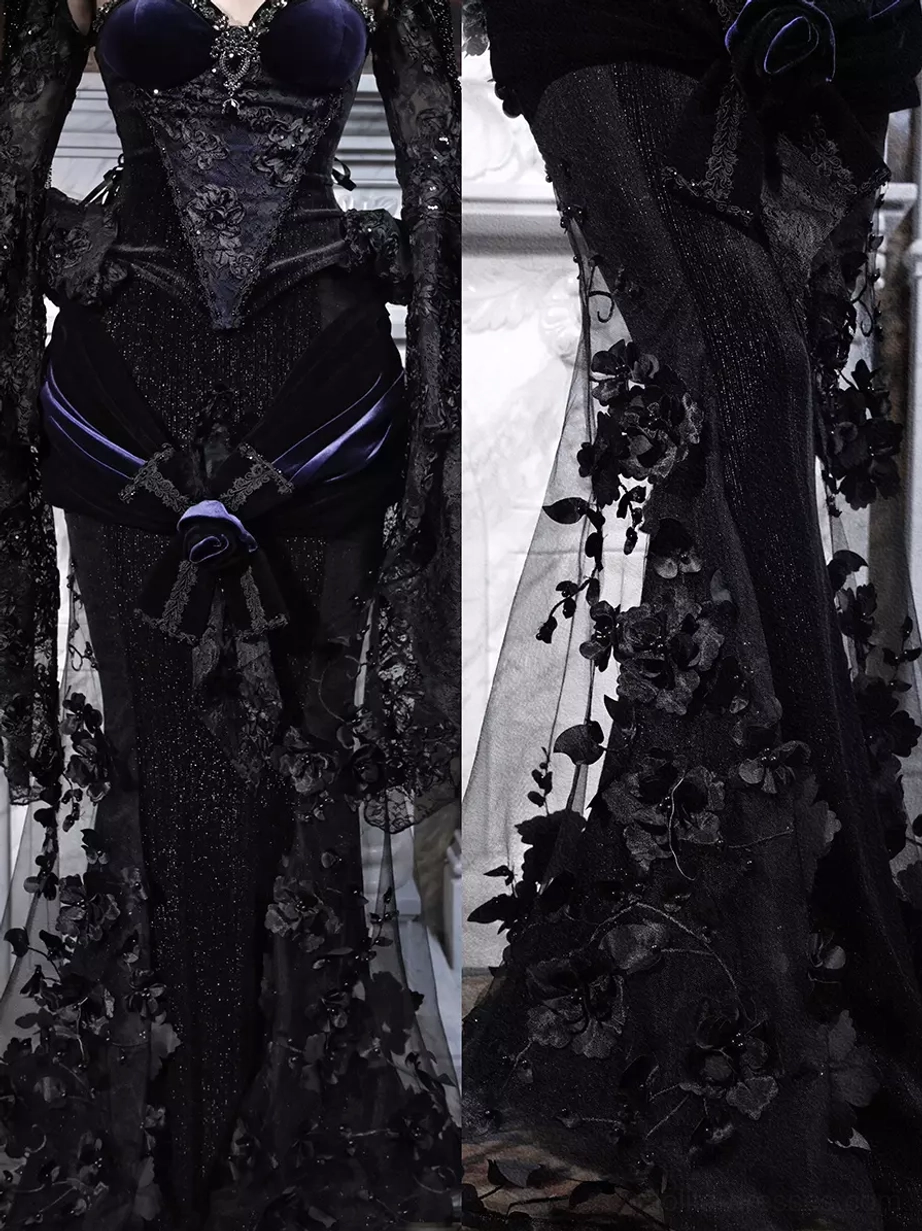 Gothic Lolita skirt detail shots split close-up marble fireplace interior floral lace appliqué purple satin sash
