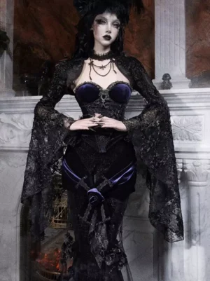 Black Gothic Lolita evening skirt full front standing view model with gothic makeup strapless velvet bust