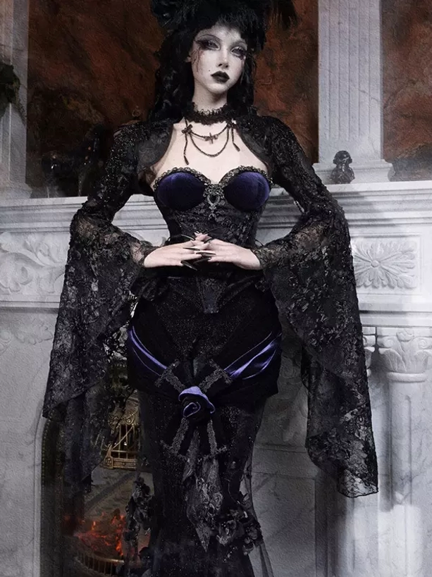 Black Gothic Lolita evening skirt full front standing view model with gothic makeup strapless velvet bust