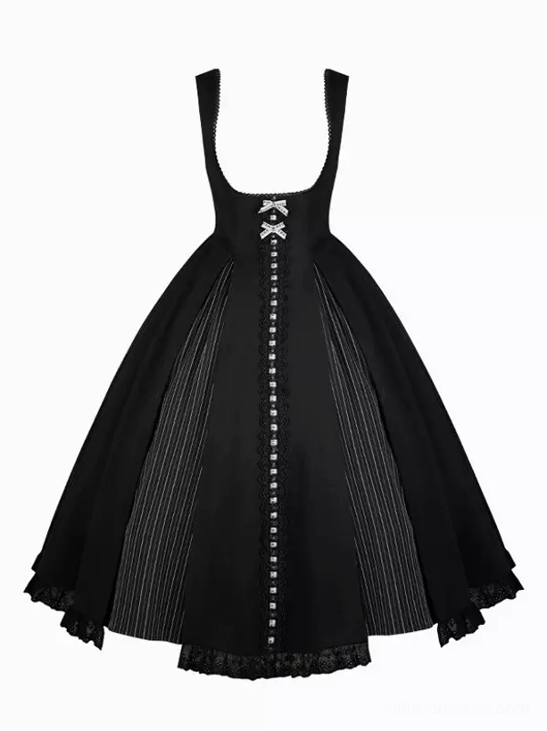 Gothic Lolita black A-line suspender skirt vertical stripes lace trim front view flat lay white background
