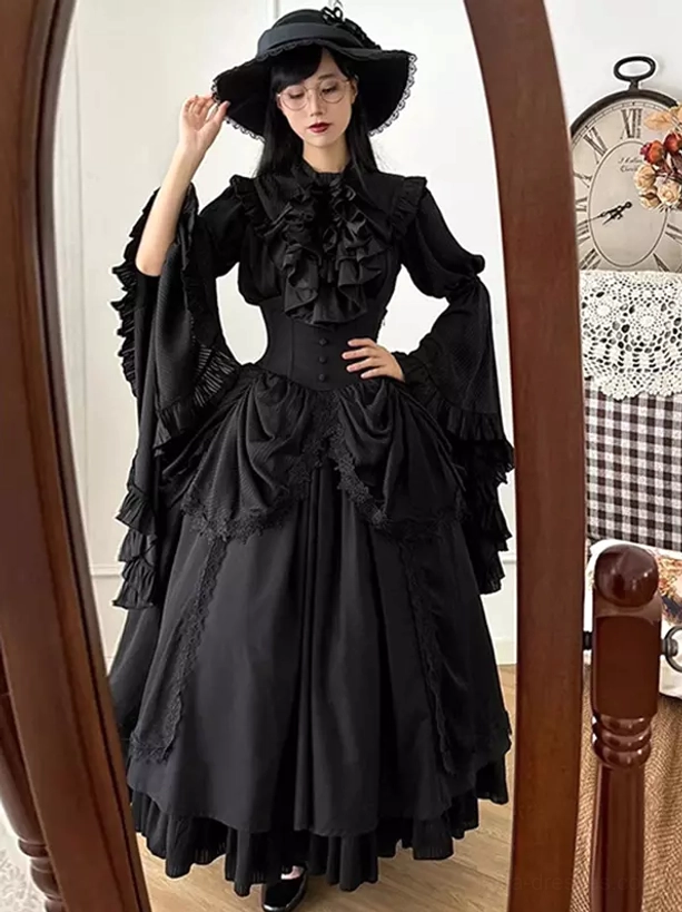 Gothic Lolita black Victorian gown three-quarter front angle showing corset waist, voluminous layered ruffled skirt, and dramatic bell sleeve construction with lace detailing