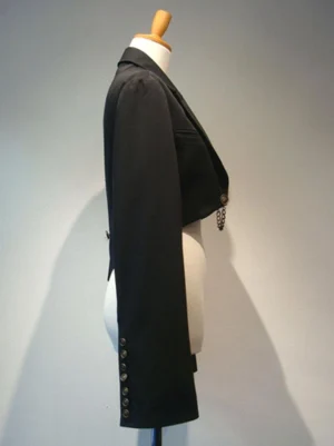 Black gothic lolita blazer coat side angle sleeve button details cropped hem structured silhouette