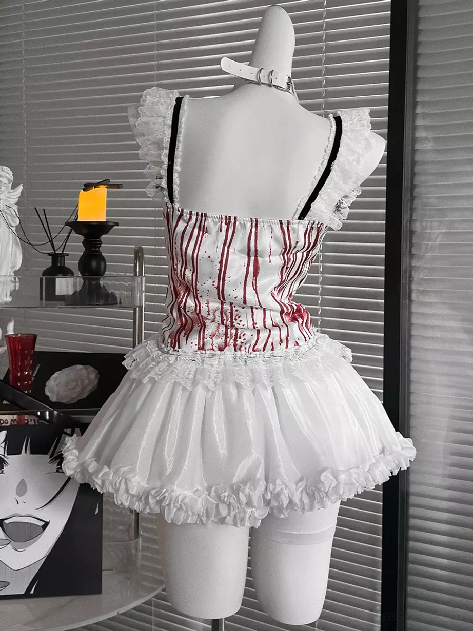 Gothic Lolita bloody 2-piece set back view backless design white neck collar matching blood-print ruffled shoulder straps theatrical aesthetic