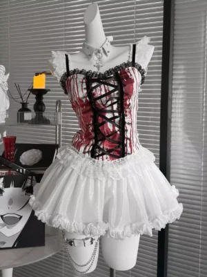 Gothic Lolita bloody 2-piece set front view sleeveless lace-up top with blood-splatter print ruffled skirt and leg chain accessory mannequin display