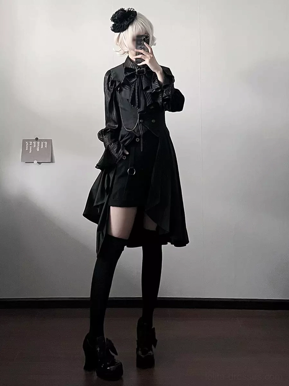 Black Gothic Lolita bloomers back view with asymmetrical overdress long coat overlay thigh-high socks