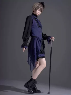 Black gothic lolita shorts three-quarter side view showing ruffled layers and silhouette