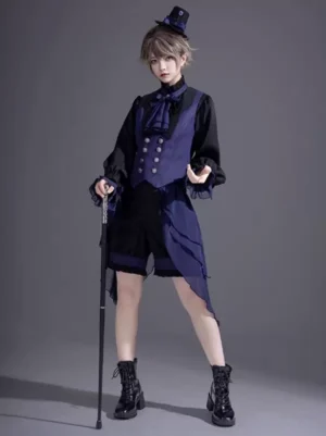 Gothic Lolita bloomers black ruffles straight shorts front view on model wearing complete coordinate