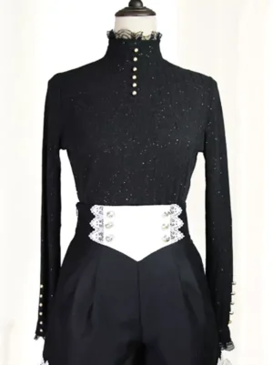 Complete Gothic Lolita two-piece coordinate set featuring black lace-trimmed high-waisted bloomers paired with matching glitter black turtleneck top on dress form