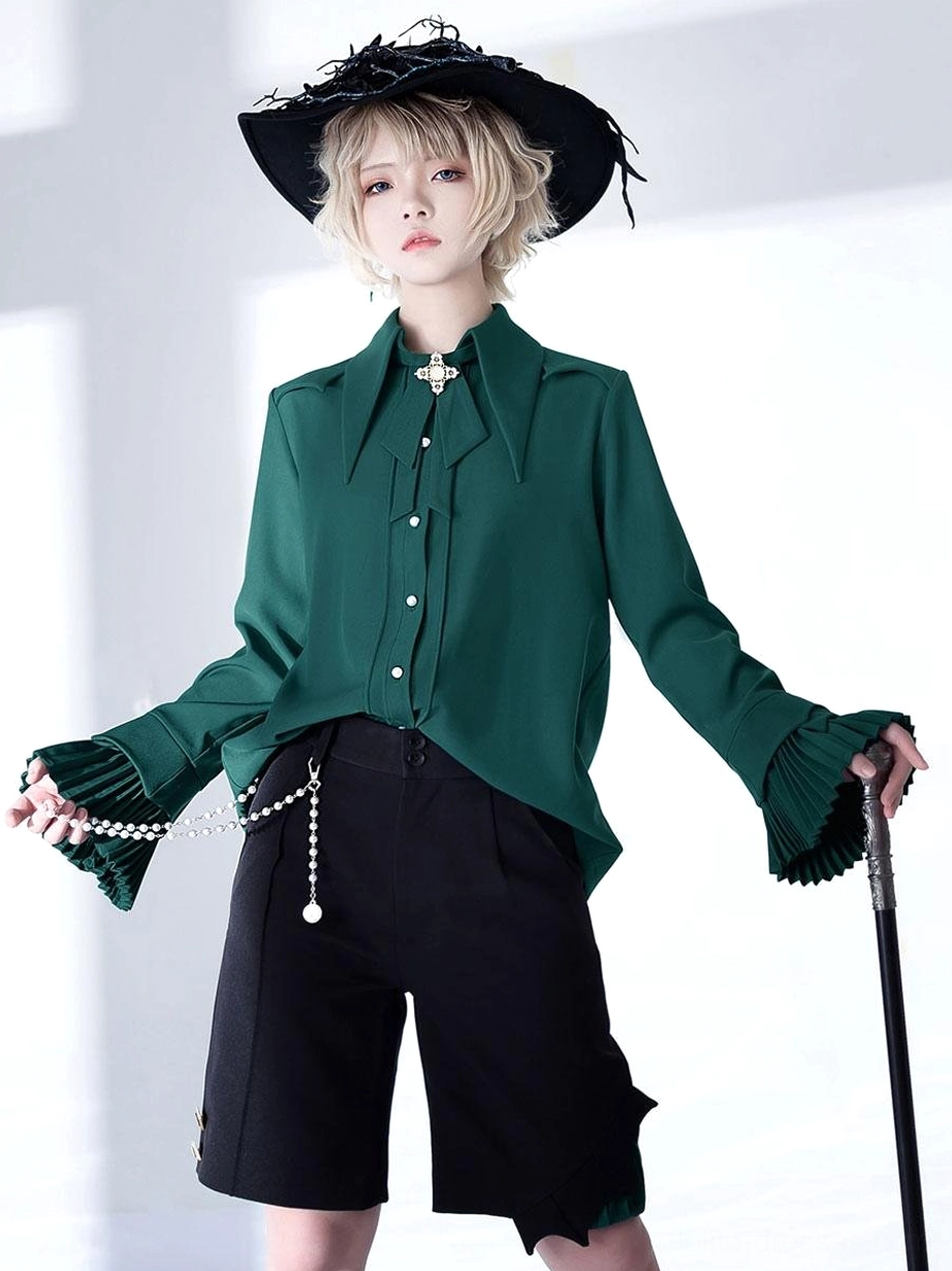 gothic lolita coordinate green blouse ruffled cuffs cross pendant pearl chain bloomers
