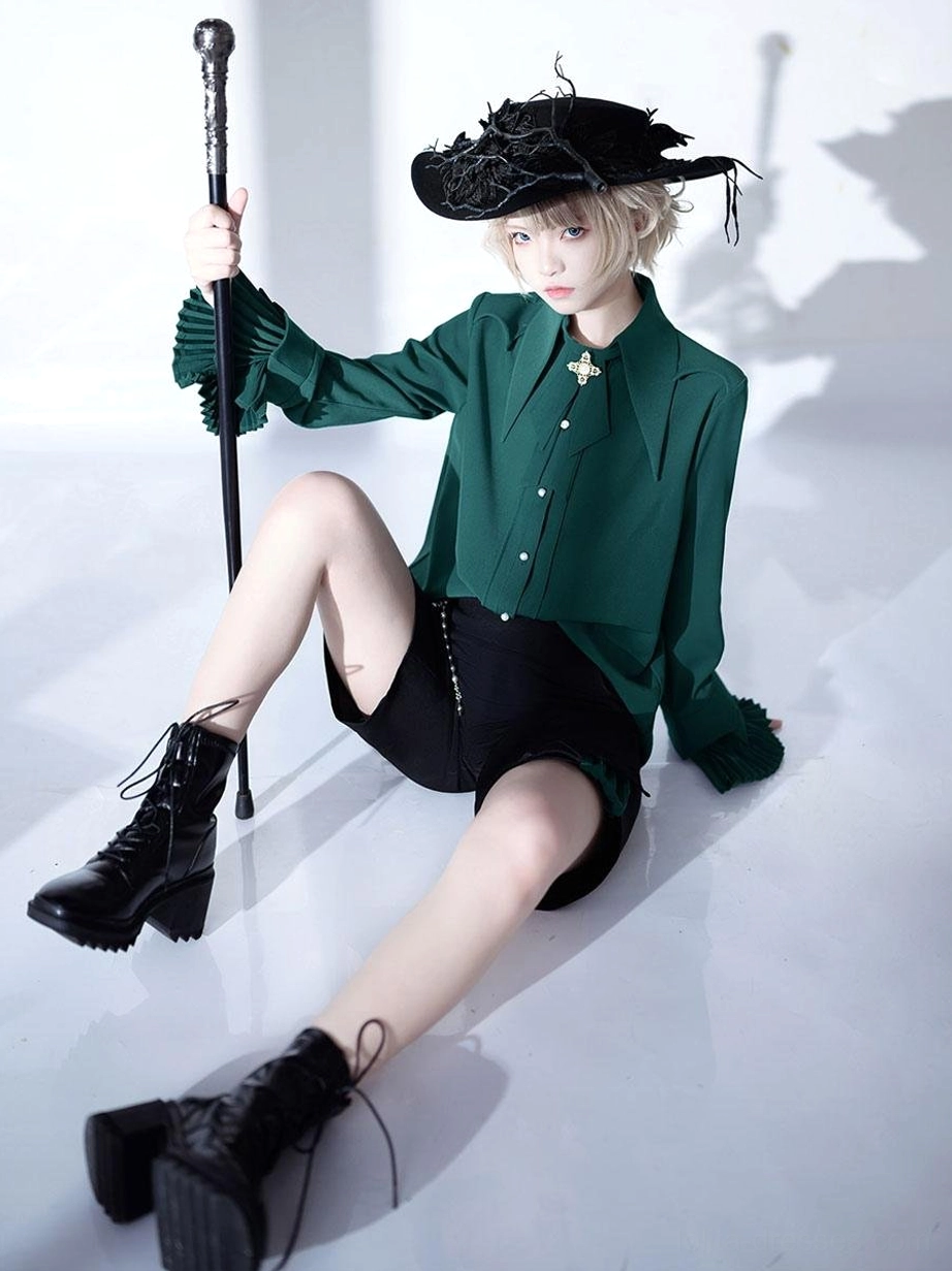 gothic lolita bloomers side view seated model ruffled sleeves block heel boots vintage cane