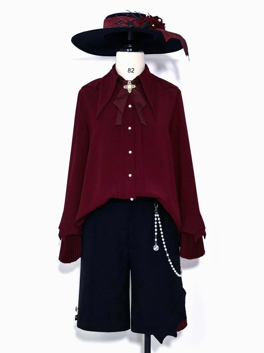 gothic lolita matching set burgundy pleated shirt high-waisted bloomers pearl chain flat lay
