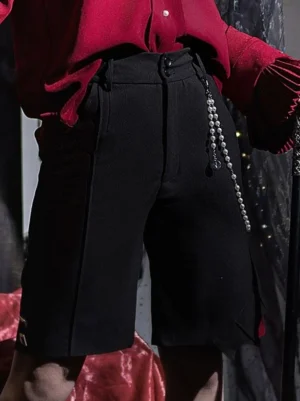gothic lolita bloomers serrated hem pearl chain waist close-up front lower body detail burgundy top