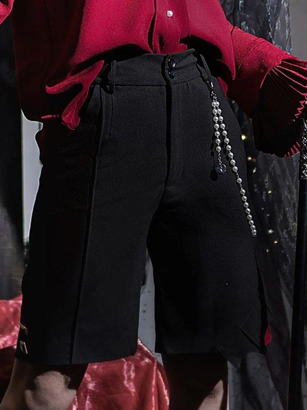 gothic lolita bloomers serrated hem pearl chain waist close-up front lower body detail burgundy top