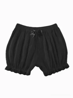 Gothic Lolita bloomers black ruffled shorts flat lay top-down view showing tiered ruffle leg cuffs front bow detail ruched waistband polyester