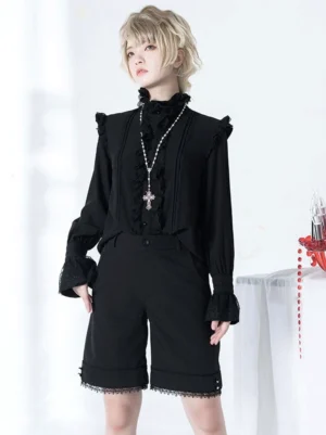 Black Gothic Lolita blouse front full-body view male model ruffled collar lace cuffs alternative fashion