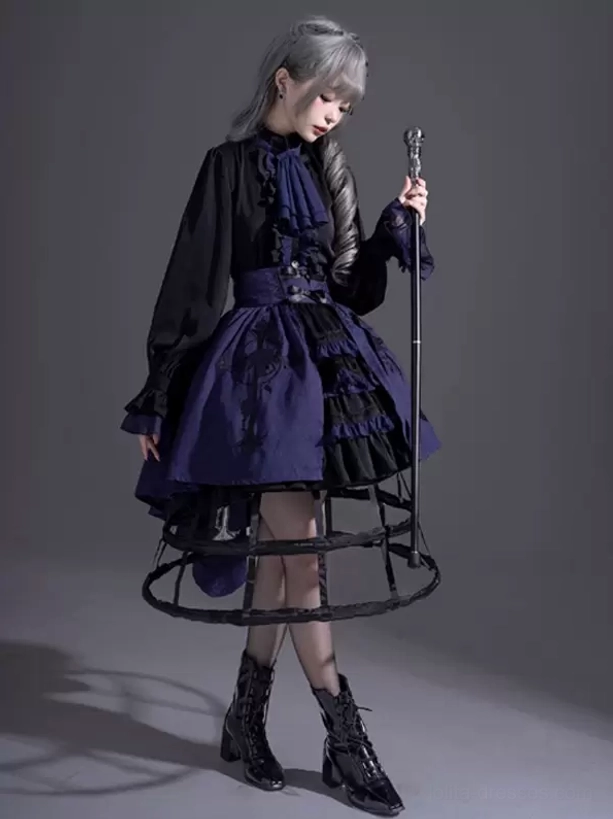 Gothic Lolita blouse navy blue bow collar lantern sleeves high-low ruffled skirt with cage hoop side full-body view