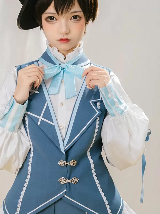 Close-up detail of ecru white Gothic Lolita blouse standing collar with bow tie and buttons
