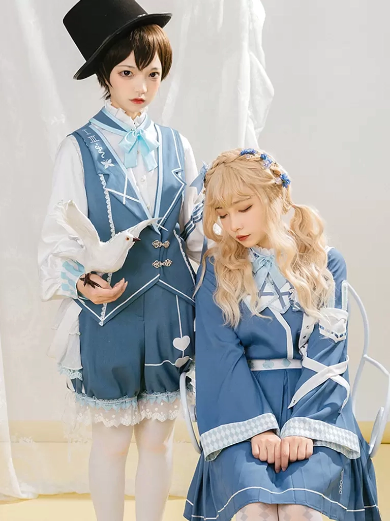 Full front view of ecru white Gothic Lolita blouse with standing collar and decorative bows