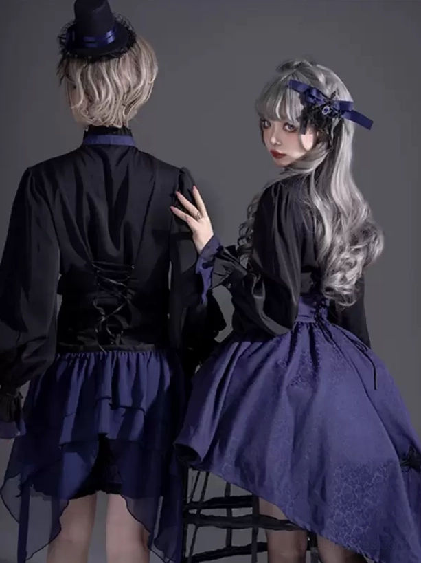 Gothic Lolita blouse lace-up back design couple back view double-model high-low navy ruffled skirt alternative fashion