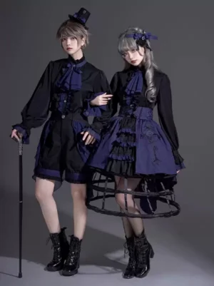 Gothic Lolita couple matching black blouse with ruffled stand collar and lantern sleeves front double-model view