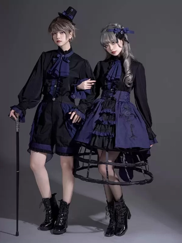 Gothic Lolita couple matching black blouse with ruffled stand collar and lantern sleeves front double-model view