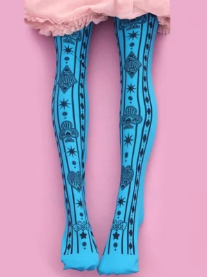 Gothic Lolita deep blue printed socks with black poker and stripe patterns worn on legs with pink ruffled skirt front full view