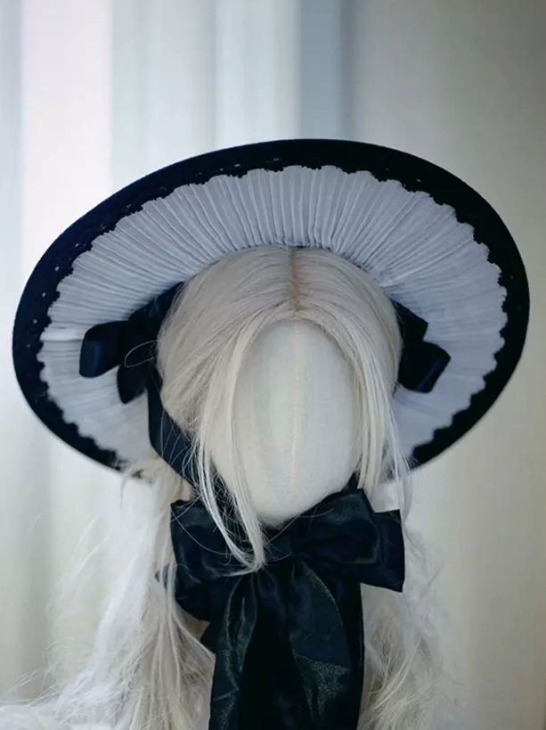 Gothic Lolita bonnet hat front view with black-white two-tone pleated ruffled brim and lace-up detail