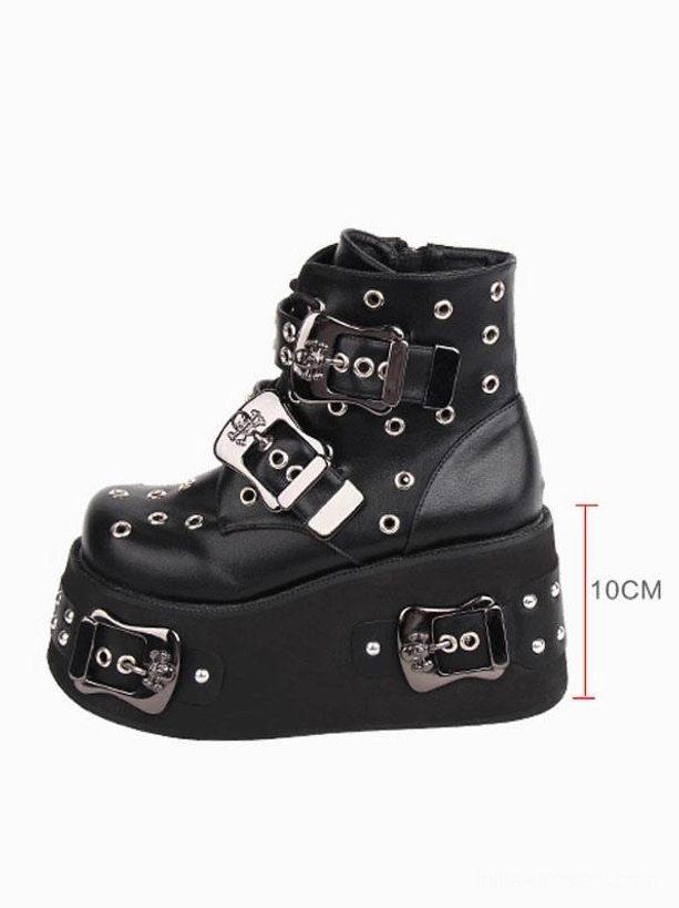 Gothic Lolita platform ankle boot side single view black leather metal buckles studded platform sole scale reference