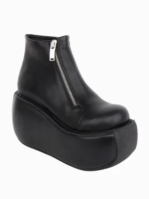 Single black Gothic Lolita platform ankle boot right side profile showcasing matte leather finish, exposed silver zipper hardware, and substantial wedge platform sole