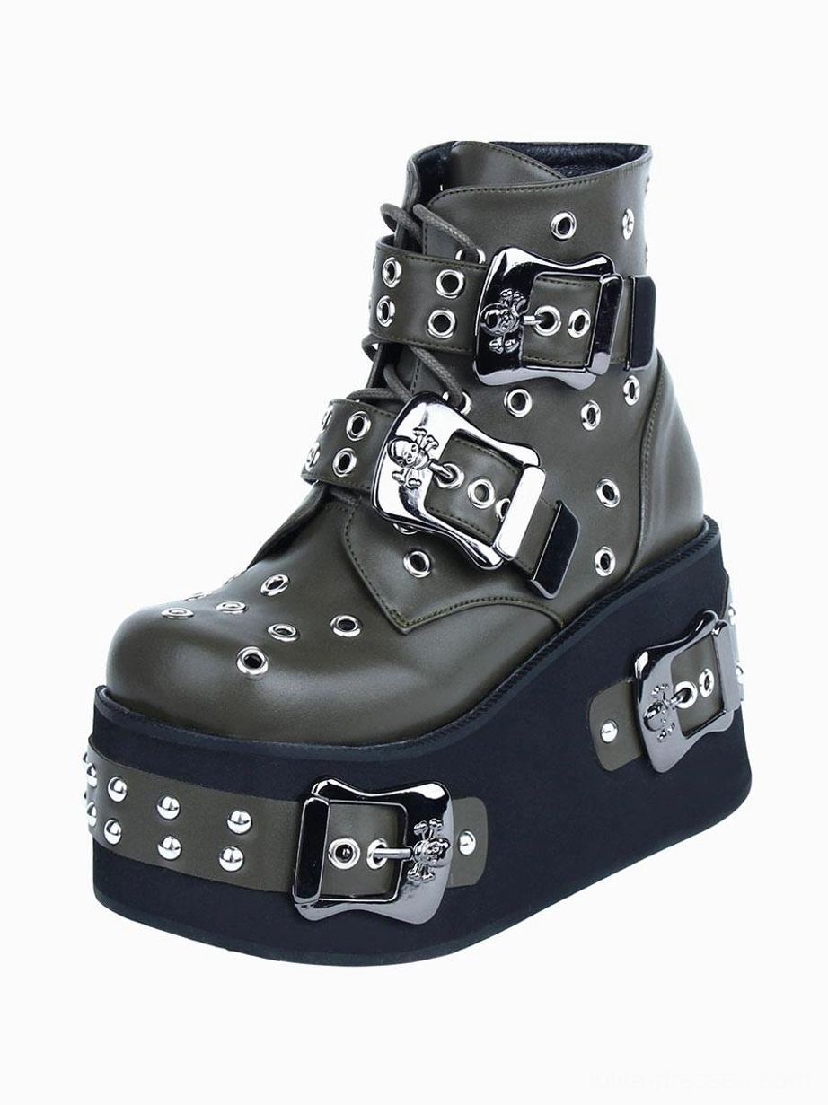 Gothic Lolita platform boot side three-quarter single view dark gray leather decorative buckles grommet accents