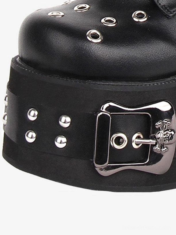 Gothic Lolita boot detail close-up top front view black PU leather metal grommets studded strap large buckle
