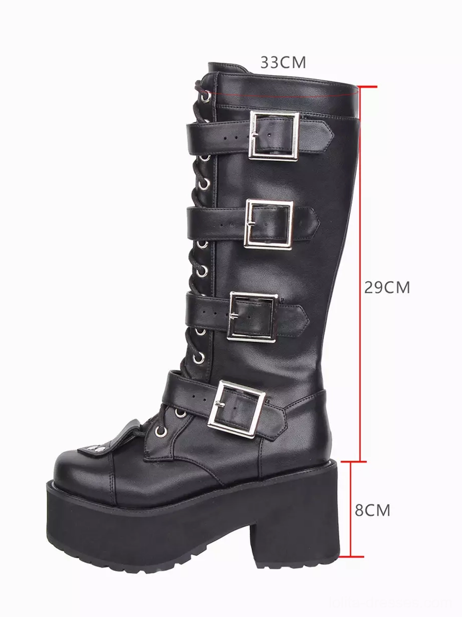 Single black platform boot left side three-quarter angle with lace-up front adjustable silver buckles and visible height dimension measurements