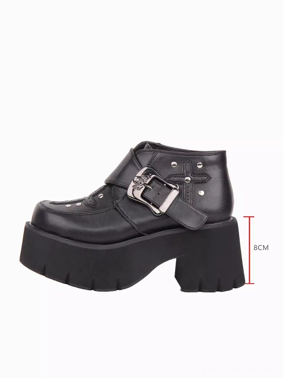 Left side single boot view highlighting 8cm chunky heel height, smooth PU leather surface, and gothic aesthetic design elements