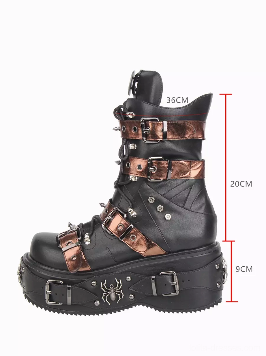 Single gothic lolita platform combat boot right side angle showing height dimension labels bronze buckle straps spider emblem on platform sole and round toe profile