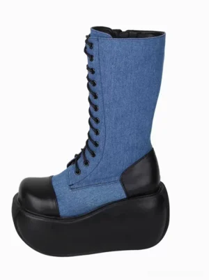 Right side profile view of gothic lolita mid-calf boot featuring side zipper, round toe, black leather heel accent, and thick platform sole