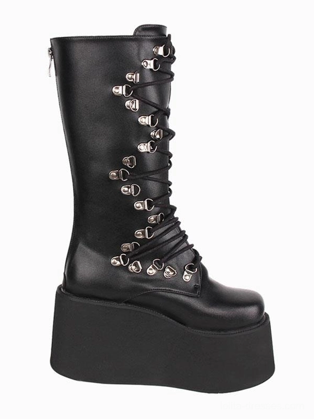 Single black gothic lolita mid-calf boot right side three-quarter view showing back zipper full lace-up metal trim ultra-thick flatform sole