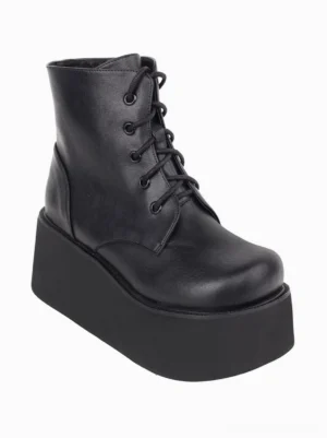 Single black platform Gothic Lolita boot left three-quarter side view displaying matte PU leather finish, high platform sole, and ankle shaft height