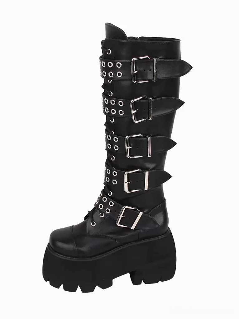 Single gothic lolita platform boot left side full view with black PU leather, silver buckles, and thick serrated platform sole detail