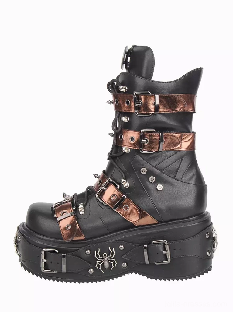 Single gothic lolita platform combat boot left side profile view displaying hexagon metal studs bronze straps and spider emblem on platform with thick wedge heel