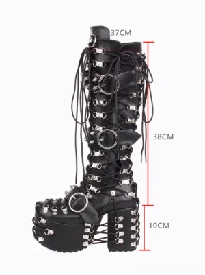 single gothic lolita boot left side profile showing 10cm chunky wedge platform heel silver hardware details measurement marks lace-up closure