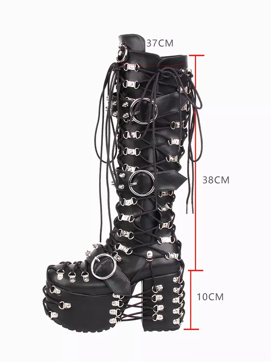 single gothic lolita boot left side profile showing 10cm chunky wedge platform heel silver hardware details measurement marks lace-up closure