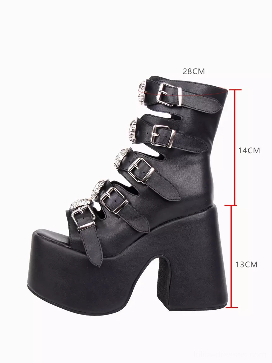 Single Gothic peep-toe platform boot side view with size scale marks showing total height heel height dimensions black PU leather